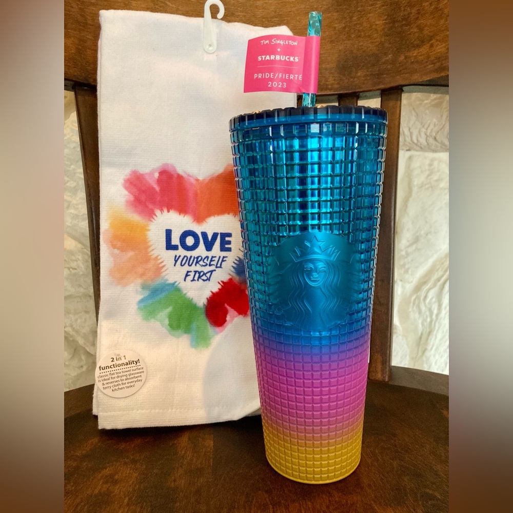 Pride Month Starbucks 2023 Tim Singleton Rainbow Venti Tumbler w/ coord towels